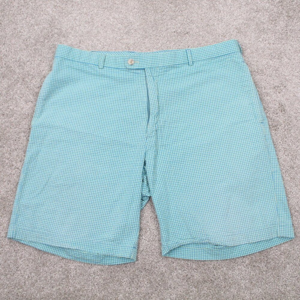 Peter‎ Millar Chino Shorts Mens 38 Green Plaid Seersucker Flat Front Stretch